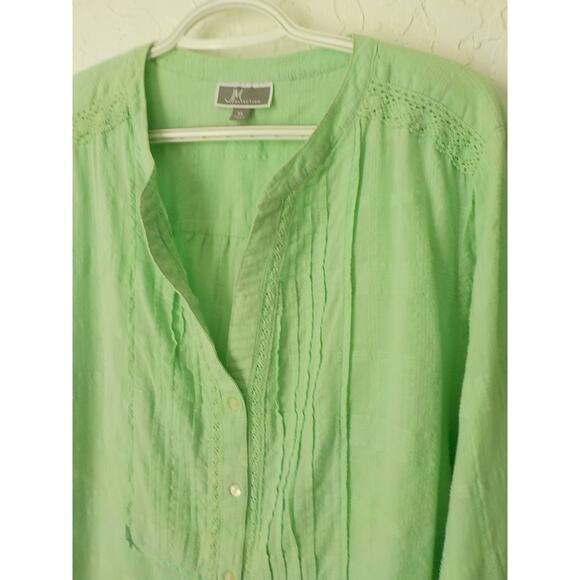 JM Collection Women XL Light Green Tunic Button Up Top Blouse 100% Cotton V-Neck - Picture 4 of 12